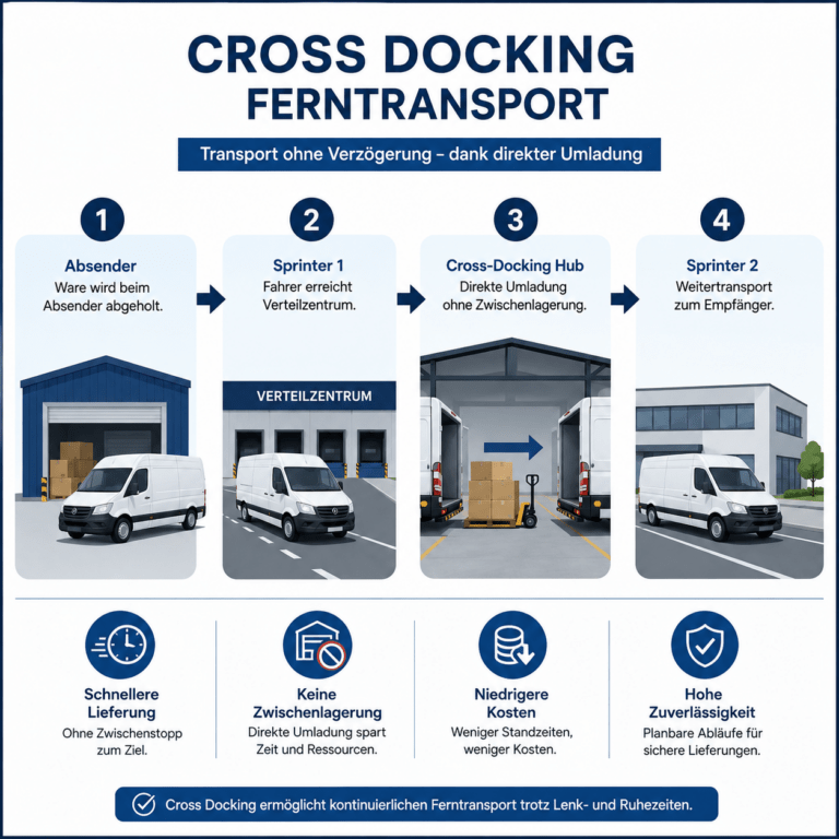 Infografik zum Cross-Docking-Ferntransport mit Abholung, Verteilzentrum, direkter Umladung im Hub und Weitertransport zum Empfänger ohne Zwischenlagerung.